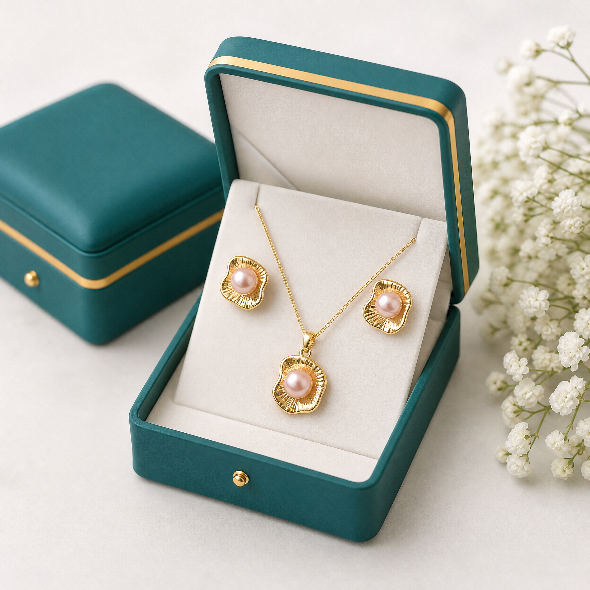 Gold shell pearl pendant necklace and earrings set