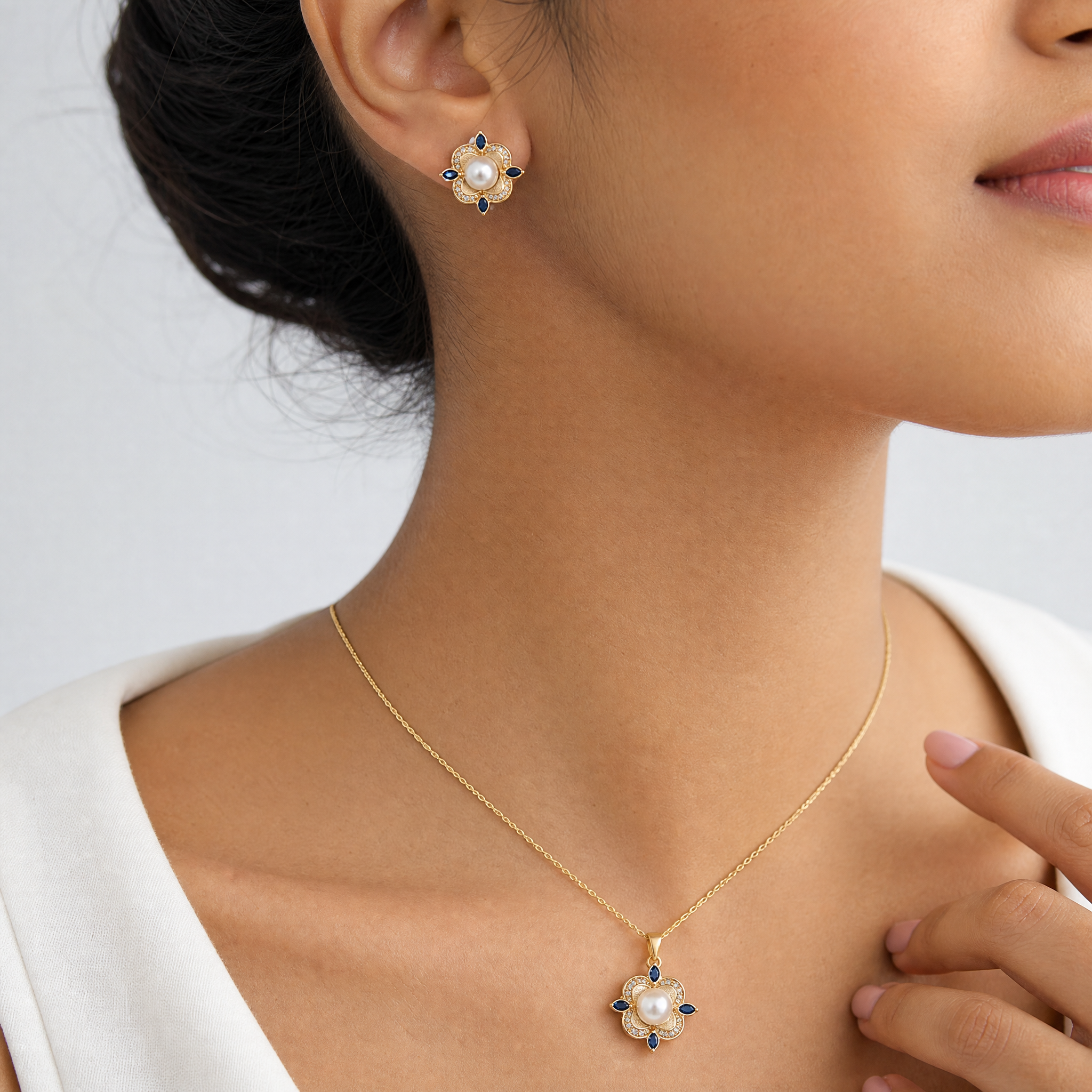 Real pearl gold flower necklace, earrings and ring set