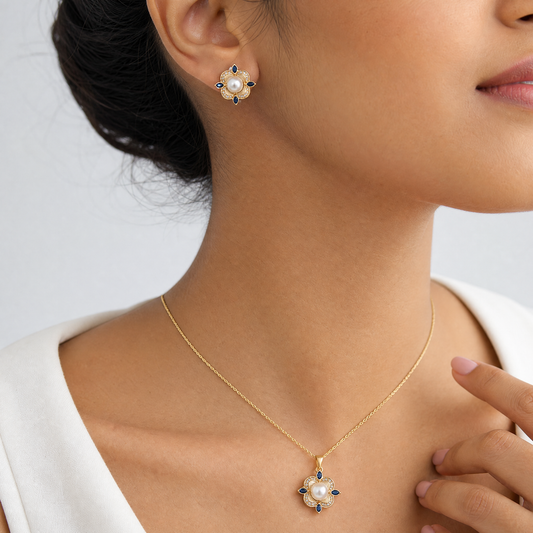 Real pearl gold flower necklace, earrings and ring set
