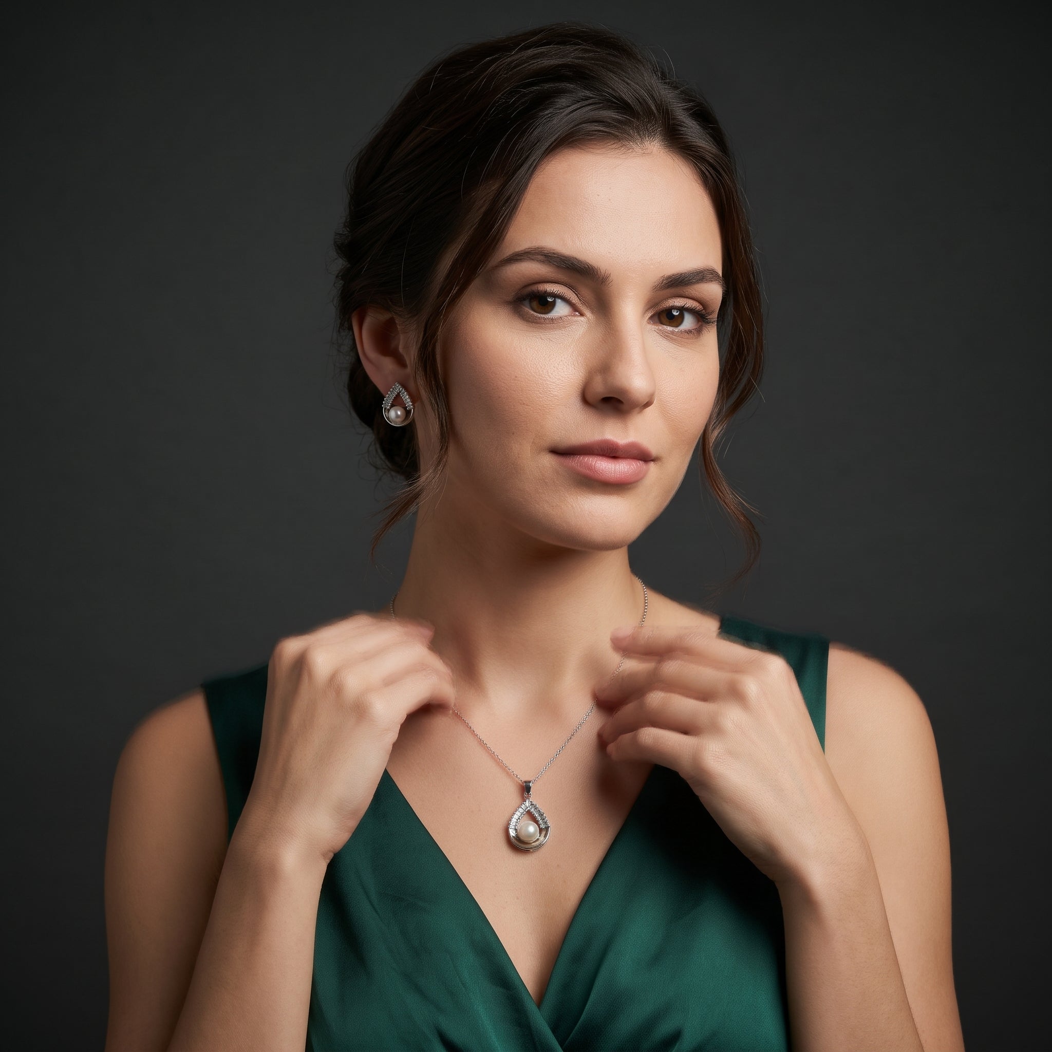 White pearl baguette teardrop necklace and earrings set