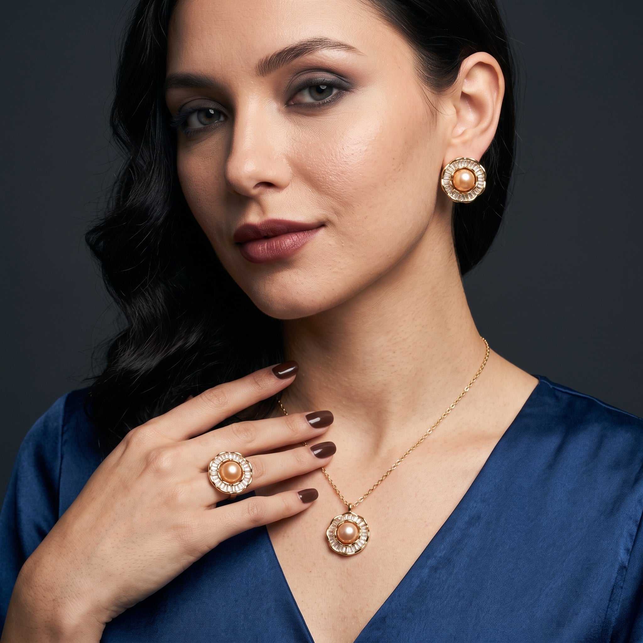 Champagne pearl gold sunburst necklace, earrings and ring set