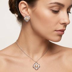 Peach pearl baguette clover flower necklace and earrings