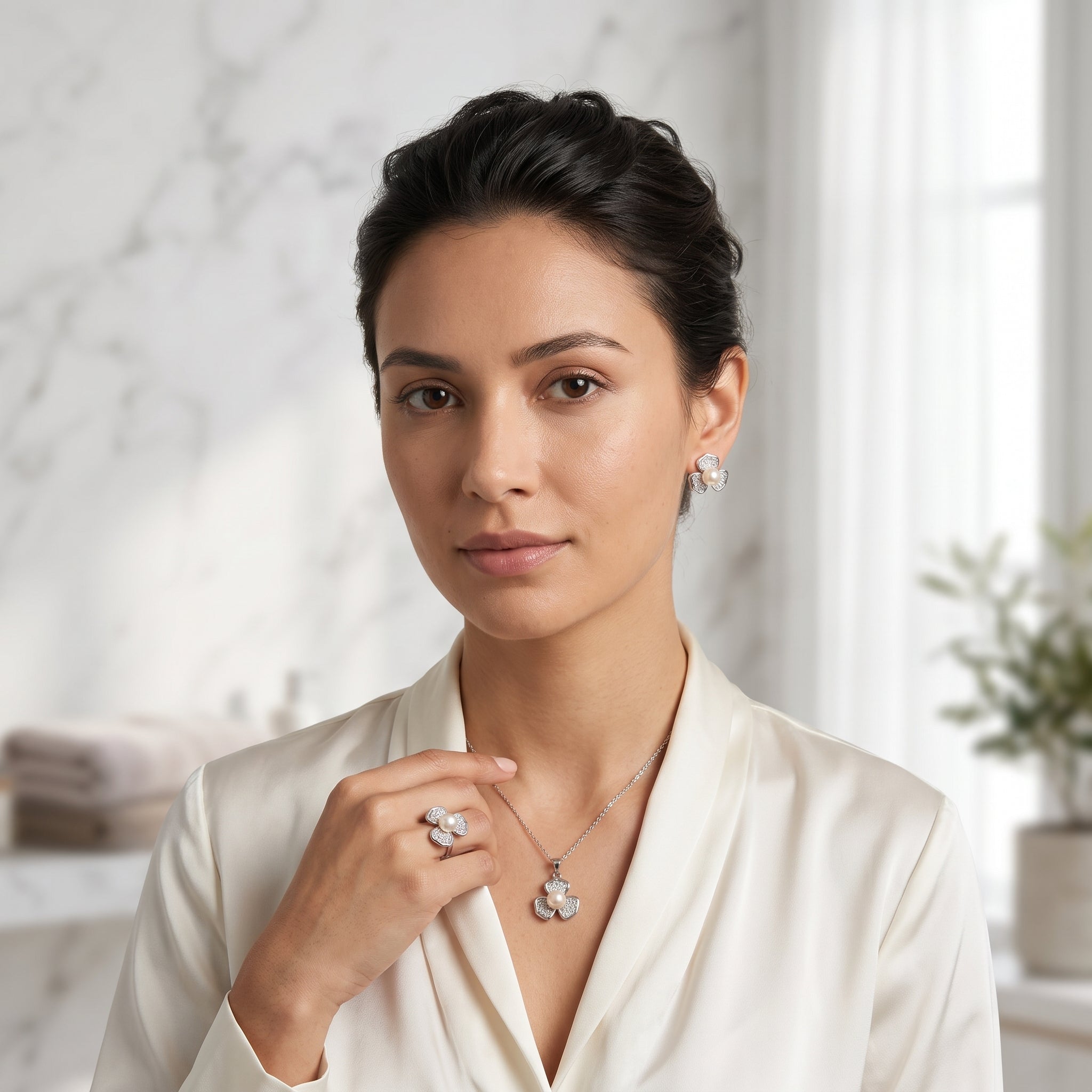 Peach pearl trillium clover necklace, earrings and ring set