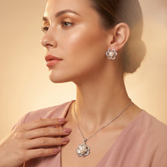 White pearl mother-of-pearl blossom necklace and earrings set