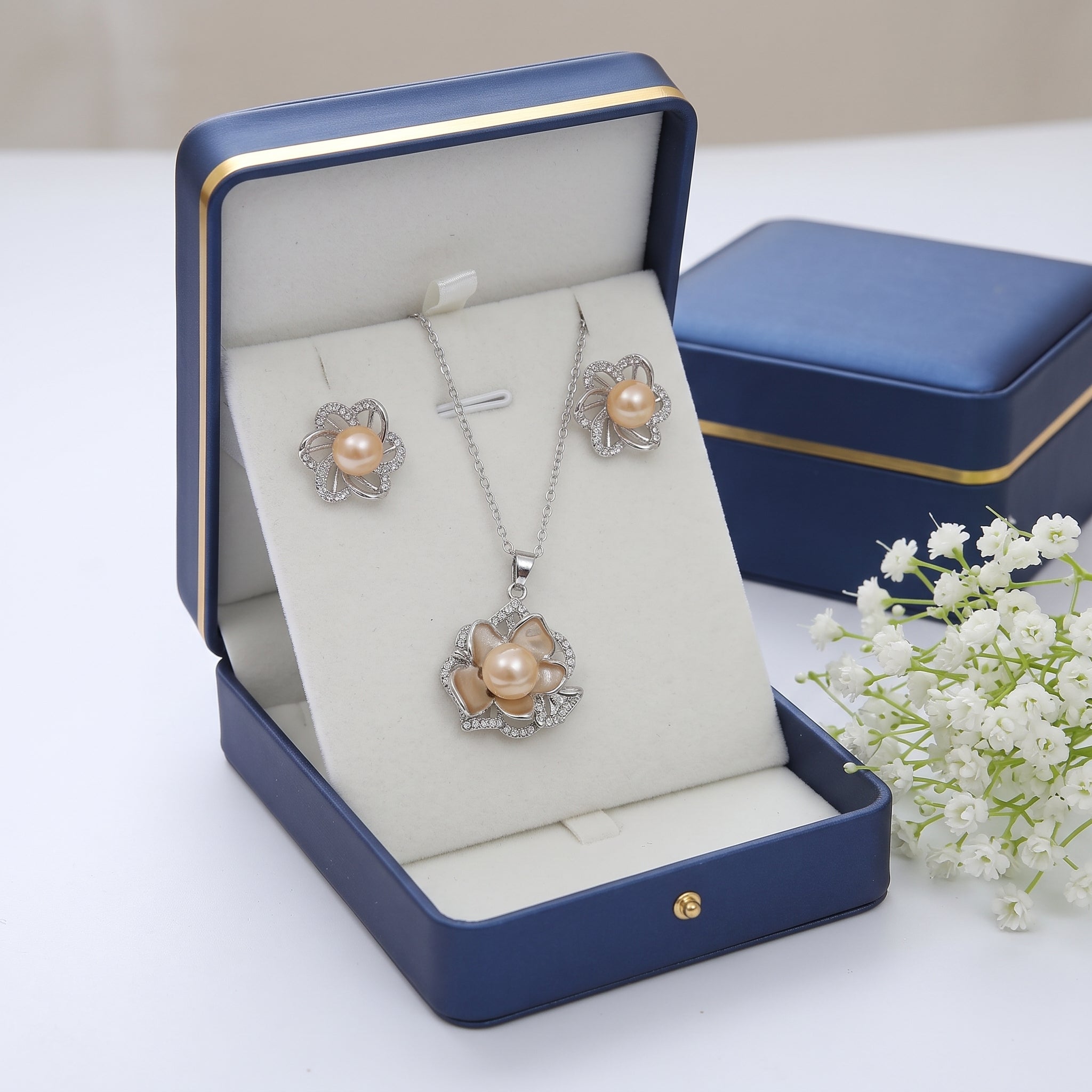 Pink pearl gold organic petal necklace and earrings set