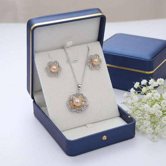 Pink pearl gold organic petal necklace and earrings set