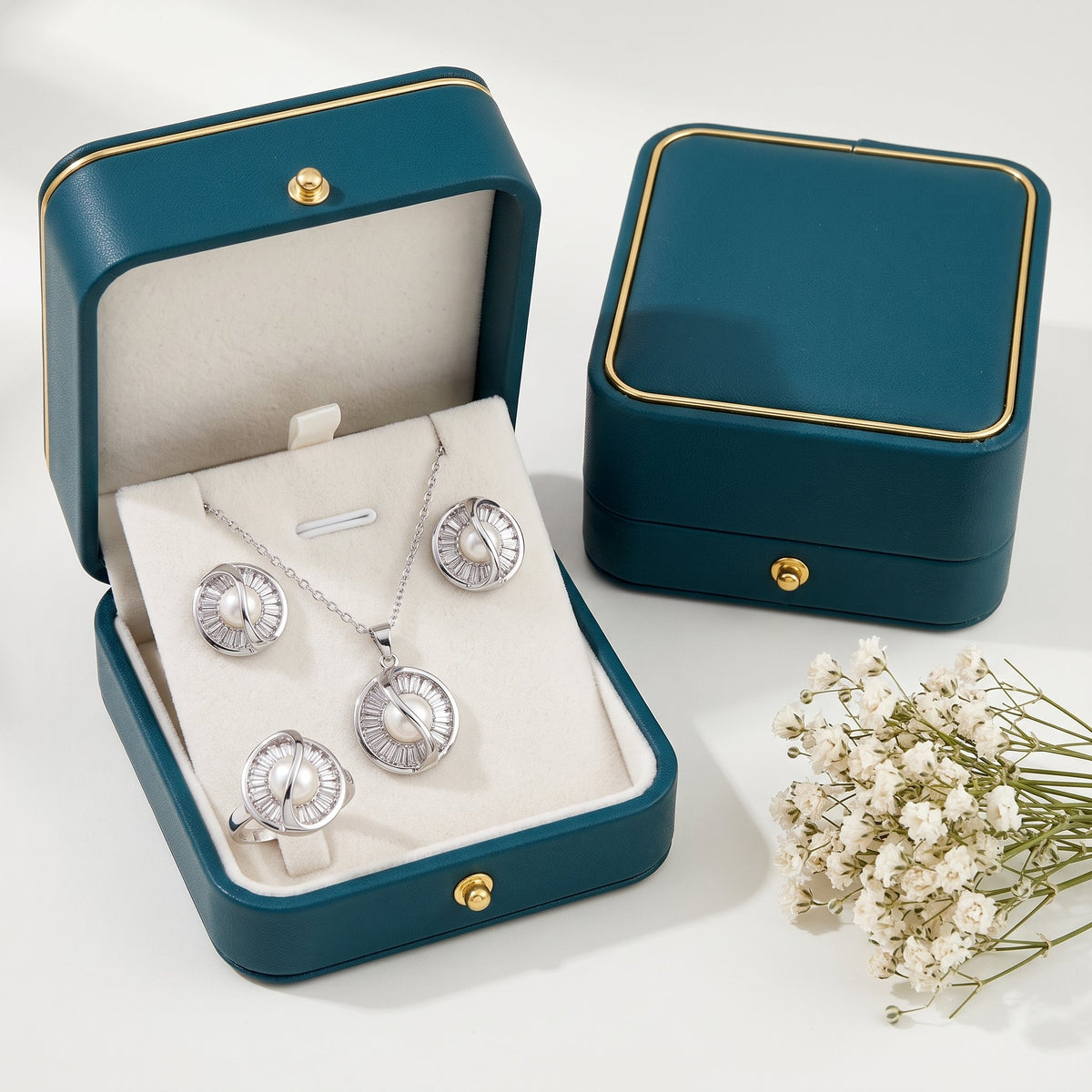 Real pearl silver swirl necklace, earrings and ring set