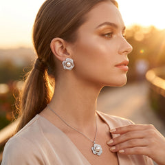 Real pearl silver rose necklace, earrings and ring set