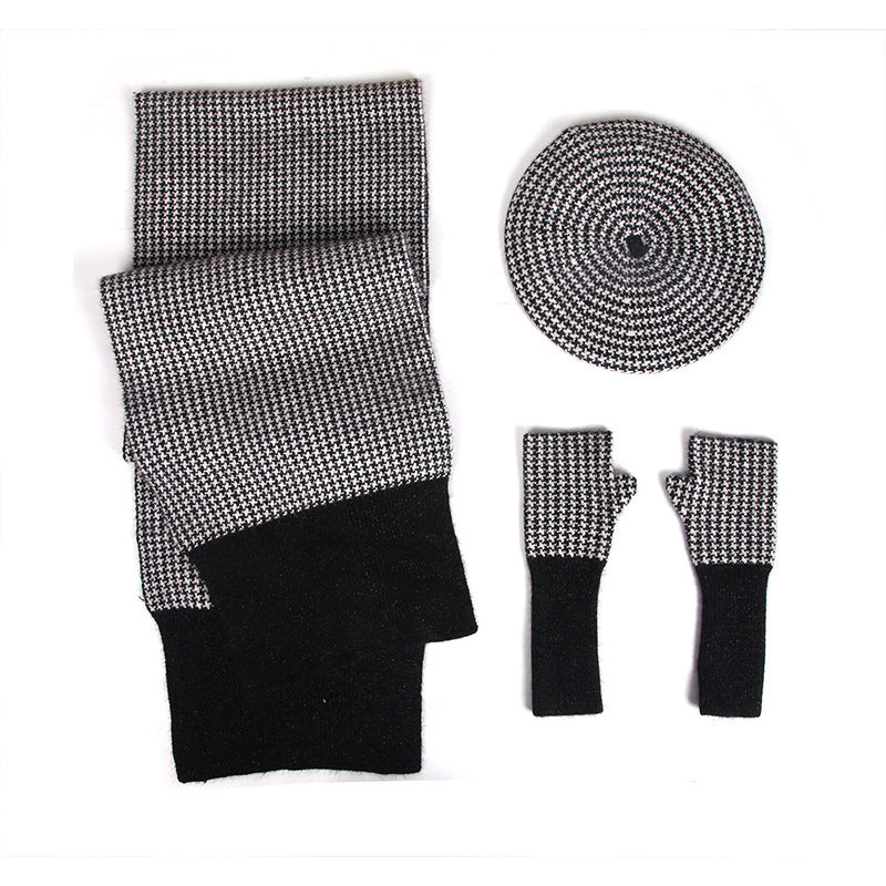 Female Plaid Painter Warm Hat Scarf Gloves Three-piece Suit
