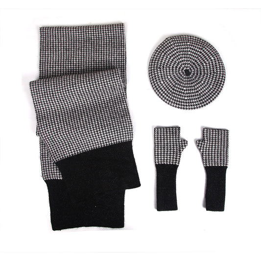 Female Plaid Painter Warm Hat Scarf Gloves Three-piece Suit