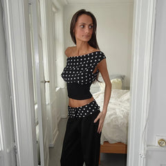 Polka Dots Print Oblique Shoulder Tops Summer Patchwork Chiffon Crop Backless Blouse Casual Streetwear Tee