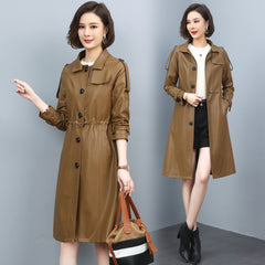 Women Leather Trench Spring Turn-down Collar Solid Color Drawstring Loose Long Sheepskin Coat