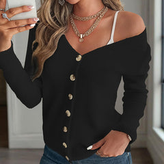 Women's V-Neck Button Front Long Sleeve Knit Cardigan For Spring & Fall Elegant For Casual Wear