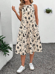 Round Neck Sleeveless Flared Hem Retro Floral Print Casual Elegant Midi Dress