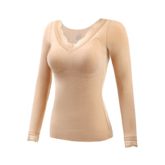 Thermal Underwear Women's Suit With Chest Pads Sexy V-neck Lace Long Sleeves