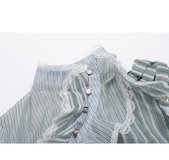 Short Shirt Women Spring Green Striped See-through Organza Turtleneck Patchwork Sexy Top