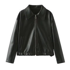 Solid Color Square Collar Leather Jacket Coat