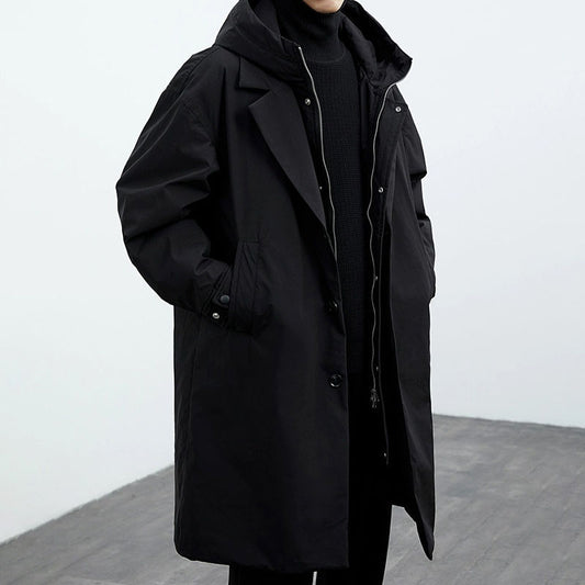 Coat Men's False Two Pieces Hooded Mid-length Trench Coat