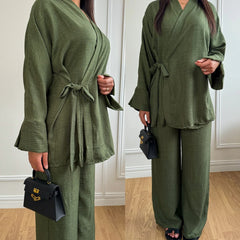 Lace-up Top And Wide-leg Pants Two-piece Suit