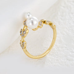 Leaf Pearl Open Adjustable Ring