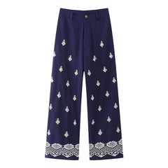 Geometric Embroidery Wide Leg Straight Casual Pants