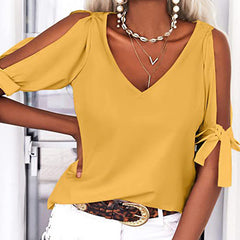 Womens Summer Cold Shoulder Tops Short Sleeve Tie Knot V Neck T Shirts Blouses