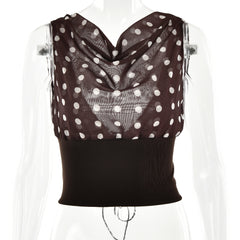 Polka Dots Print Oblique Shoulder Tops Summer Patchwork Chiffon Crop Backless Blouse Casual Streetwear Tee