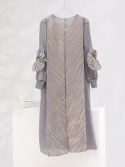 High-grade Bronzing Plate Flower V-neck Temperament Mid-length Pleated Dress