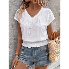 Women Summer Eyelet Top Casual V Neck Short Sleeve Smocked Shirts Loose Tunic Tops Blouses