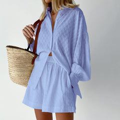 Women's Elegant Jacquard Puff Sleeve Top Shorts Set