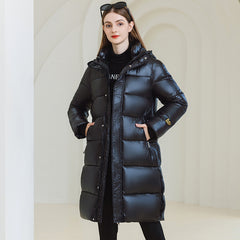 Winter Warm Hooded Coat With Pockets Fashion Simple Long Cotton puffer Jacket Solid Color Outwear Women's Clothing
