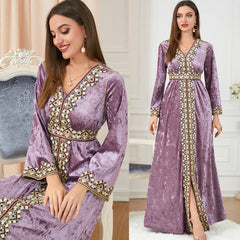Loose Slim V-neck High-end Women's Long-sleeved Canary Velvet Dress