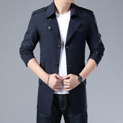 Spring And Autumn Men's Trench Coat With Buttons  Jacket Slim Regular Classic Jacket