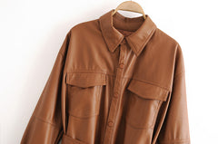 Women's Mid-Length Tunic Leather Shirt Jacket