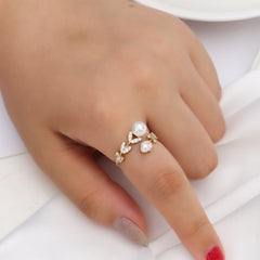 Leaf Pearl Open Adjustable Ring