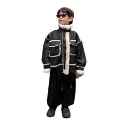Boy's Leather Jacket Fleece Padded Coat Autumn And Winter Clothing