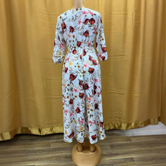 Women's Elegant Floral Print Boho Dress - Round Neck Half Sleeves Flowy Maxi Dress