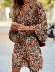 New Printed Long Sleeve A-Line Boho Dress