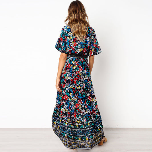 Bohemian Floral Beach Print Flared Sleeve Dress Women