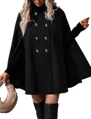 Solid Color Double Breasted Slit Batwing Sleeve Cloak Trench Coat Coat