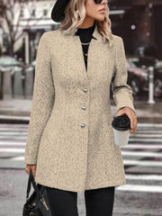 Long Sleeve Solid Color Stand Collar Button Trench Coat Fashion Women's Casual Woolen Coat