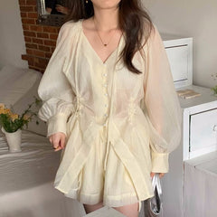 Retro Temperament V-neck Lace-up Pleated Long-sleeved Shirt And Shorts Set