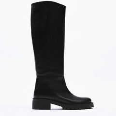 Leather Flat Round Toe Sand Brown Below The Knee Leg Boots