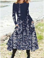 Popular Floral Print Pocket Round Neck Dress