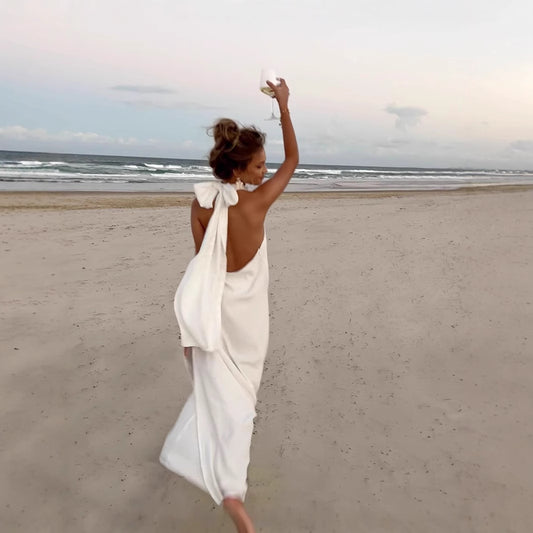 Vintage White Crochet Halter Evening Dress