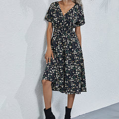Summer Floral Print Short Sleeved V-neck High Waisted Dress A-line Skirt Mid Length Skirt