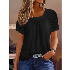 Womens Lace Short Sleeve Crew Neck T Shirts Summer Casual Tops Loose Fit Tees Blouses