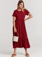 Women's Sub-round Neck Pleating Layered Large Swing Casual Dress