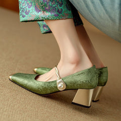 Embossed Silk Kitten Heels Matching Square Head With Thick