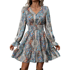 Women's Casual Printed V-neck Long Sleeved Dress